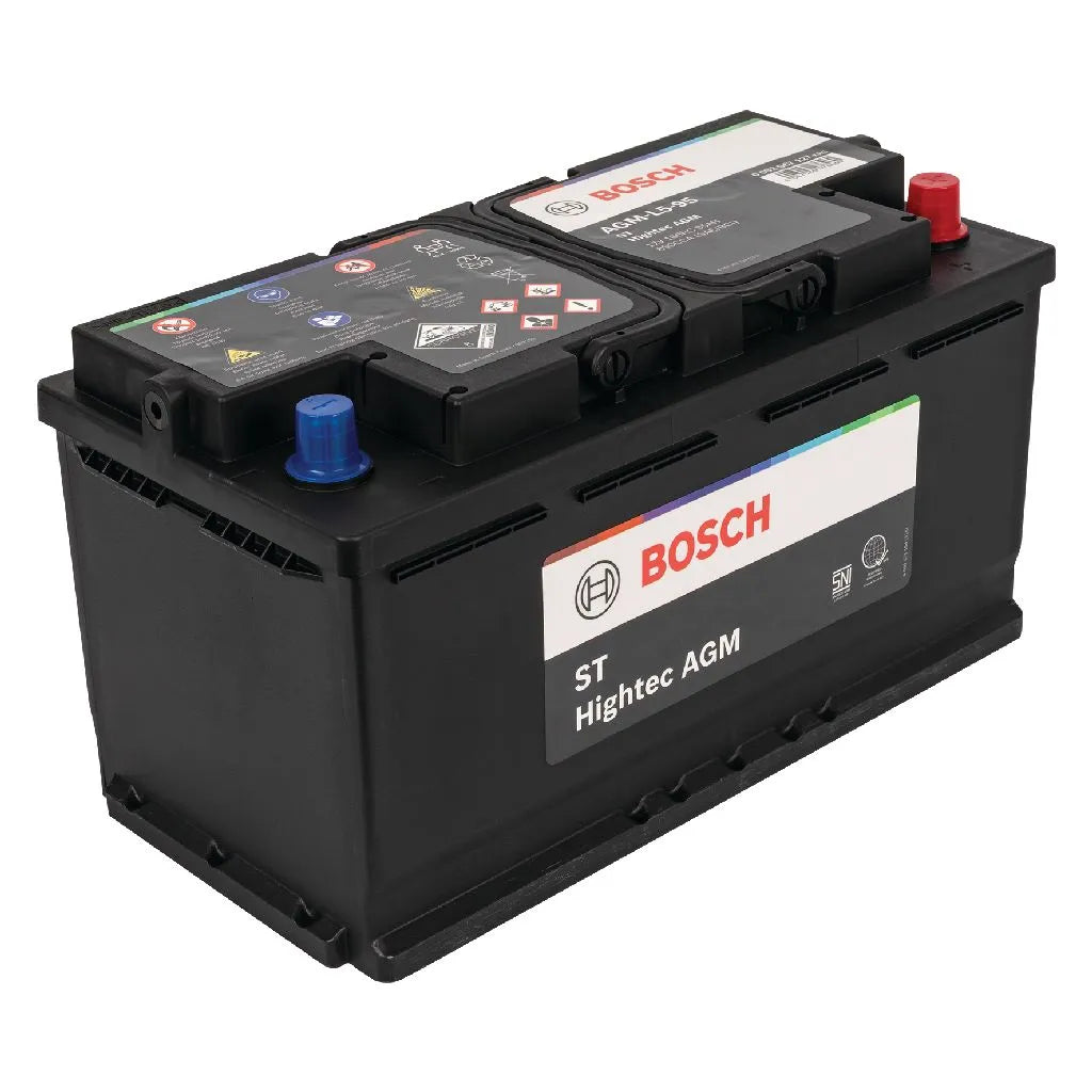 A Bosch ST Hightec AGM car battery shown at a three-quarter angle on a plain white background. The battery is black with a blue terminal cap on one side, a red terminal cap on the other, and a white label featuring the red Bosch logo.