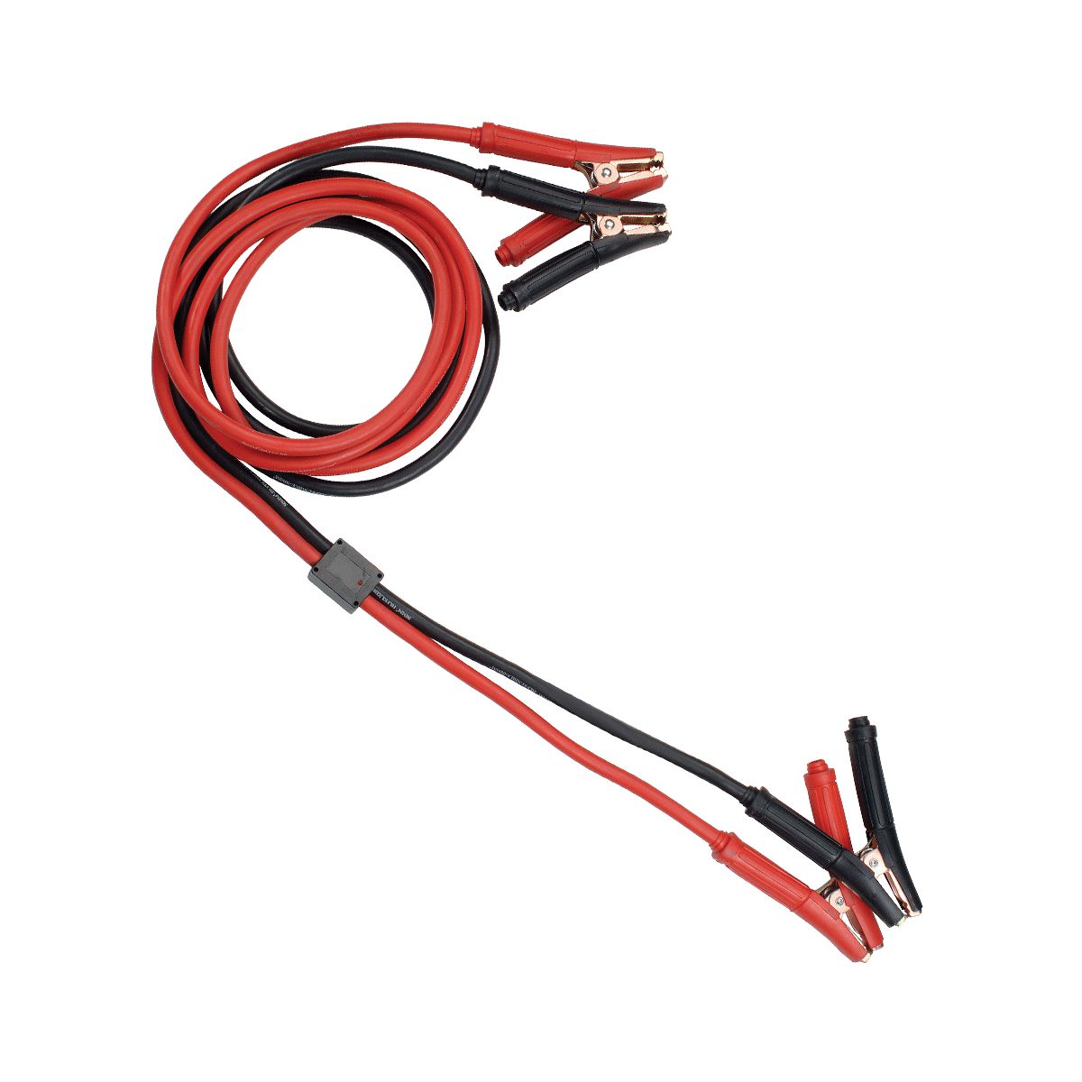 Red and black jumper cables on a white background