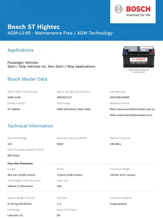 Bosch S4 AGM LN5 850CCA 92AH Vehicle Battery AGM-L5-95