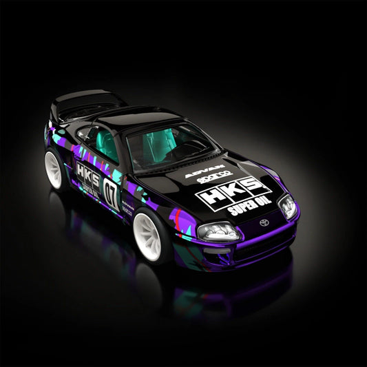 Hot Wheels Model car with colorful graphics and HKS branding on a black background