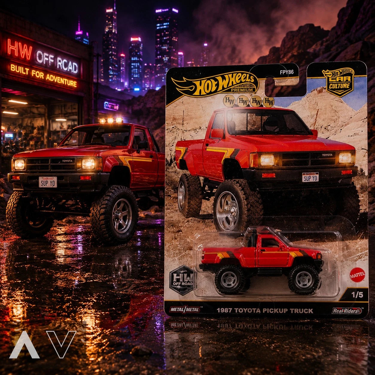 Hot Wheels 1967 Toyota Pickup Truck toy car packaging shown next to a red 1/5 scale model of the same truck, with a neon-lit city street scene in the background.