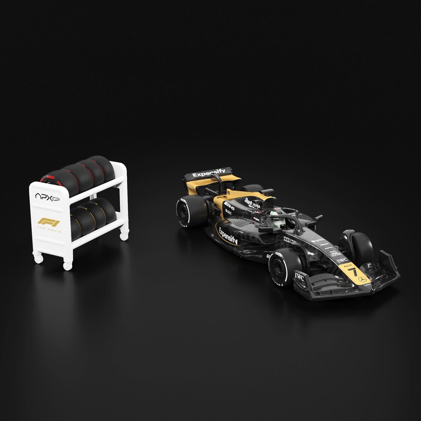 Black and yellow Formula 1 car with a white tire rack on a black background