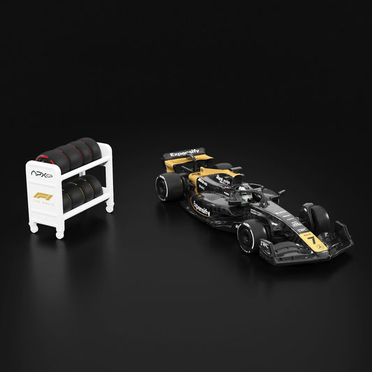 Black and yellow Formula 1 car with a white tire rack on a black background