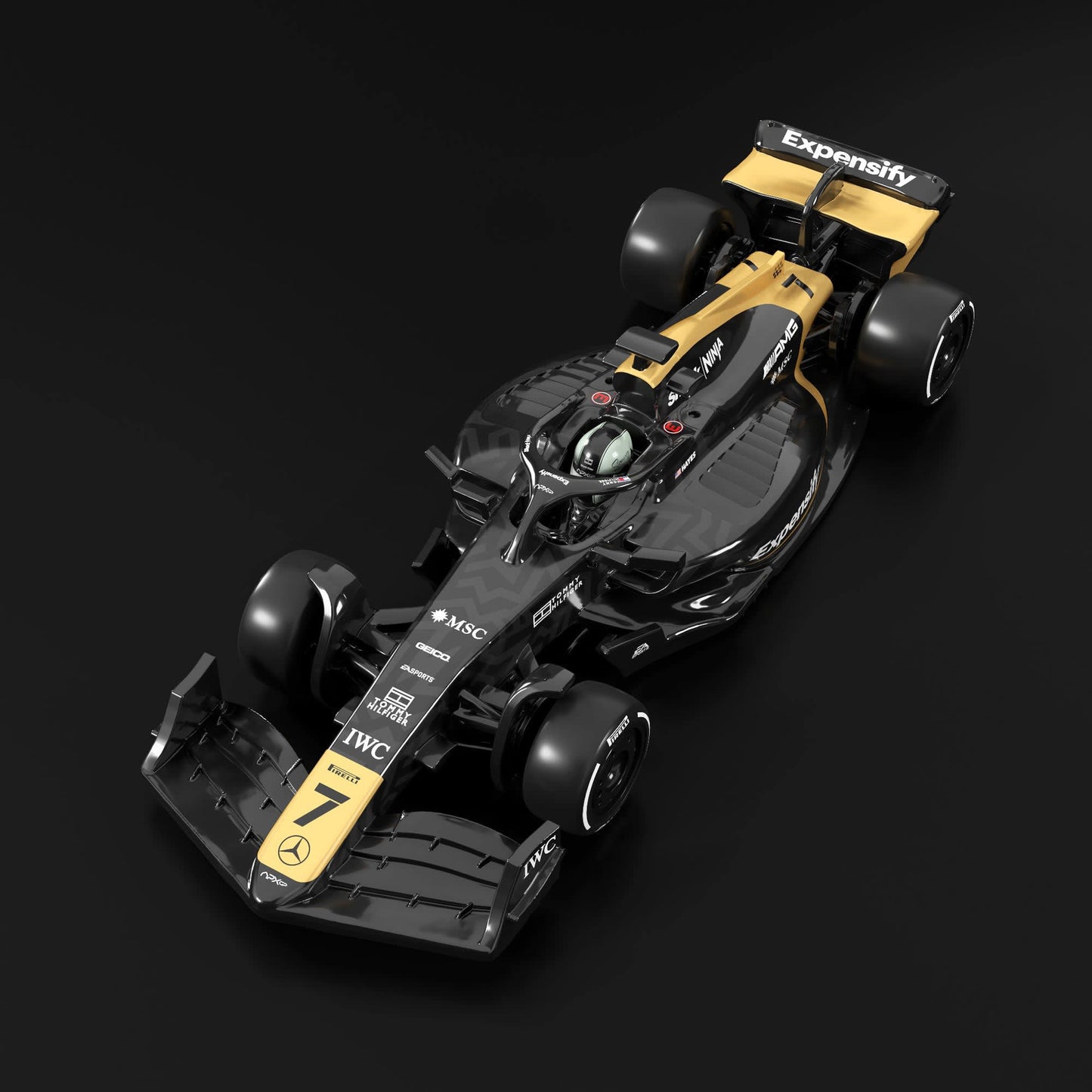 Formula 1 car with visible branding on a black background