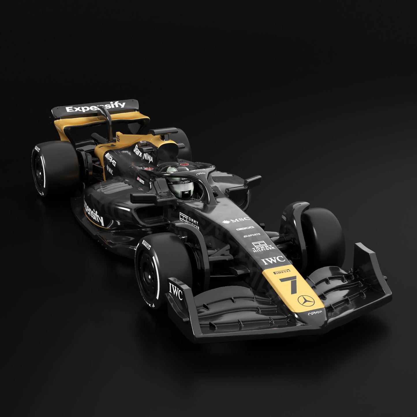 Formula 1 car with black and yellow design on a dark background