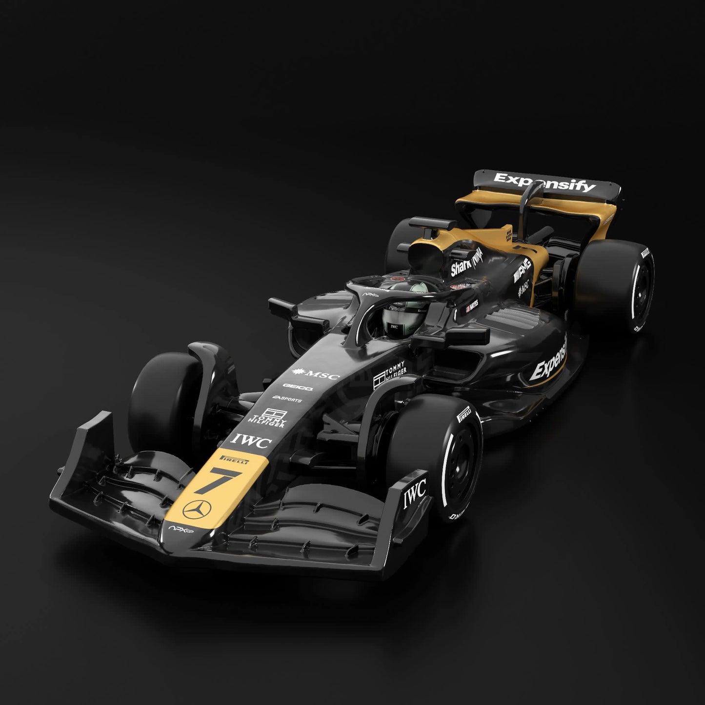 Black and yellow Formula 1 car on a dark background