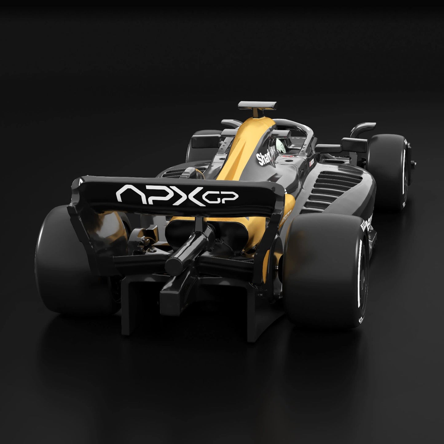 Formula 1 car with 'APXGP' branding on a black background