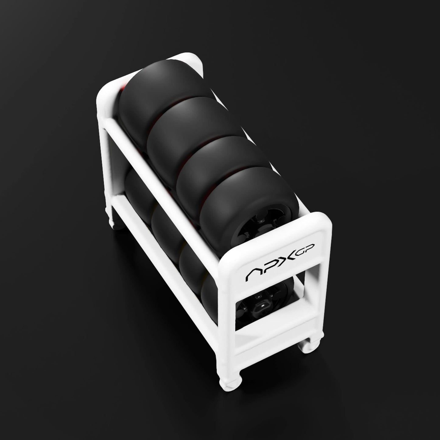 White tire rack with black tires on a black background