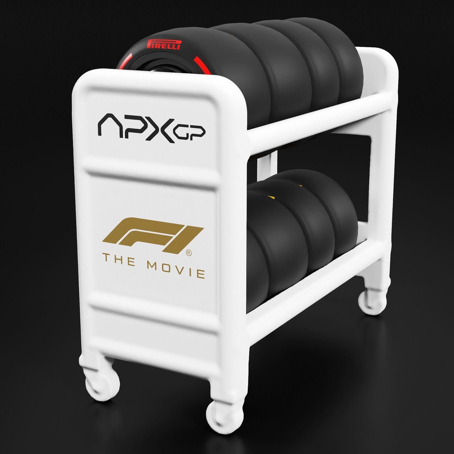 White weight plate rack with black weights on a black background, featuring 'APXGP' and 'F1 The Movie' logos.