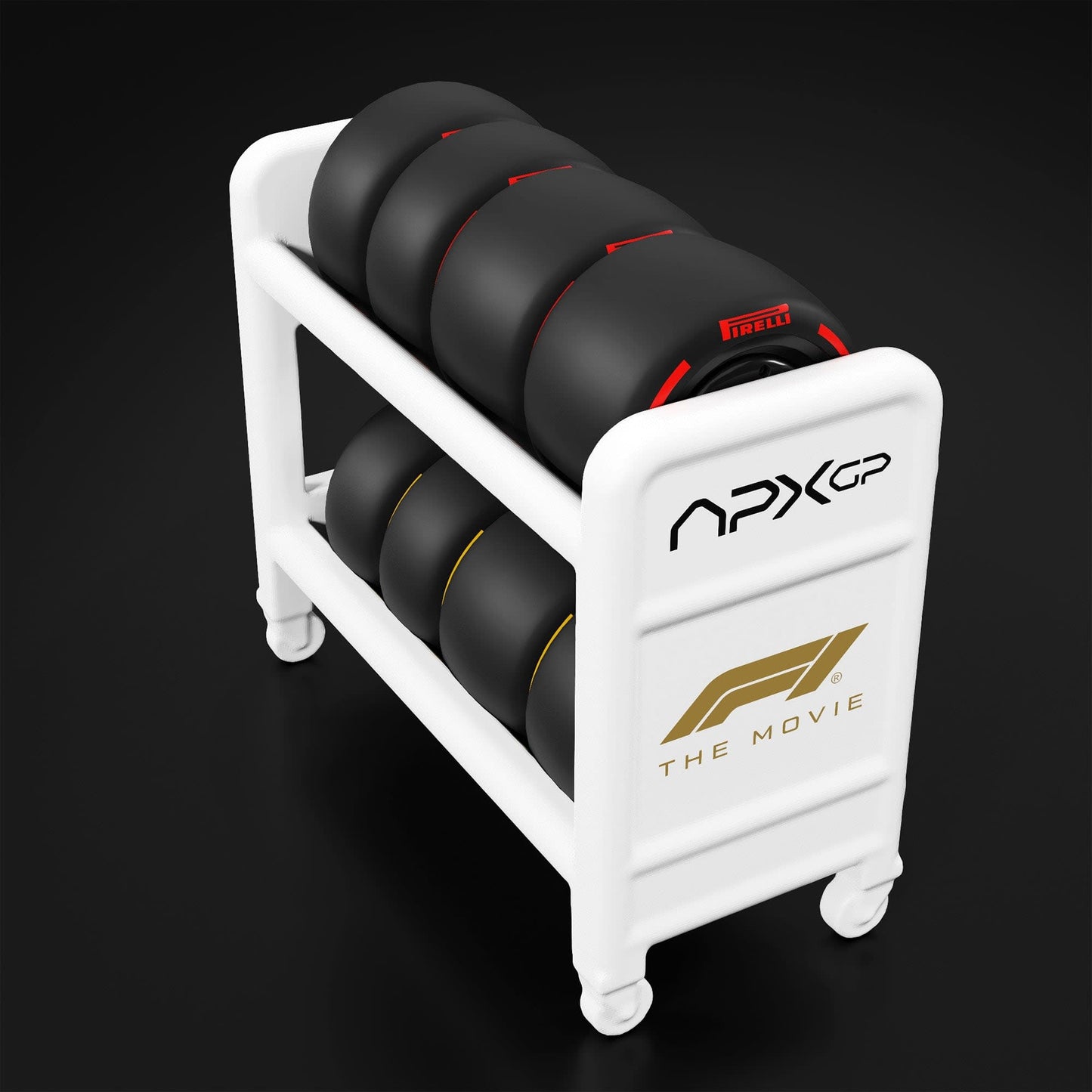 White wheel storage rack with black wheels on a dark background, featuring the 'APXGP' logo.