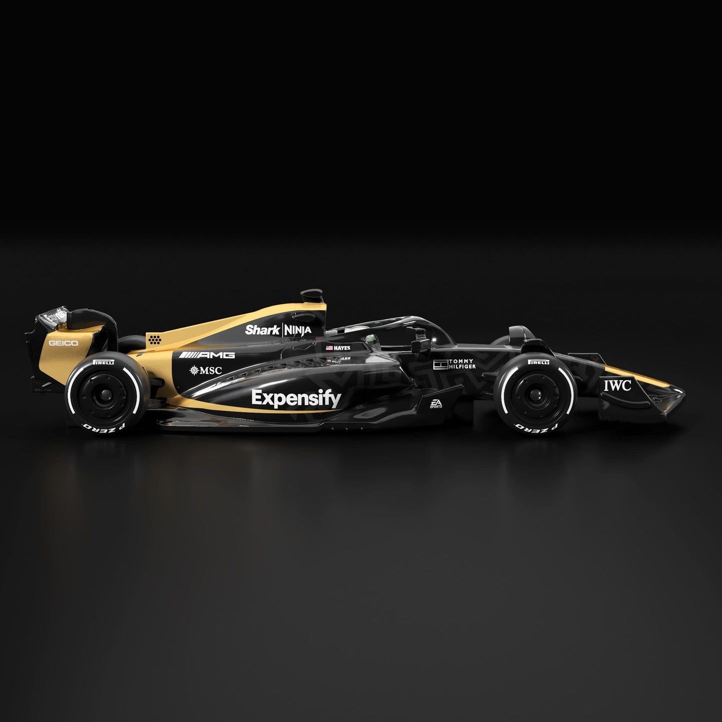 Formula 1 car with various sponsor logos on a black background