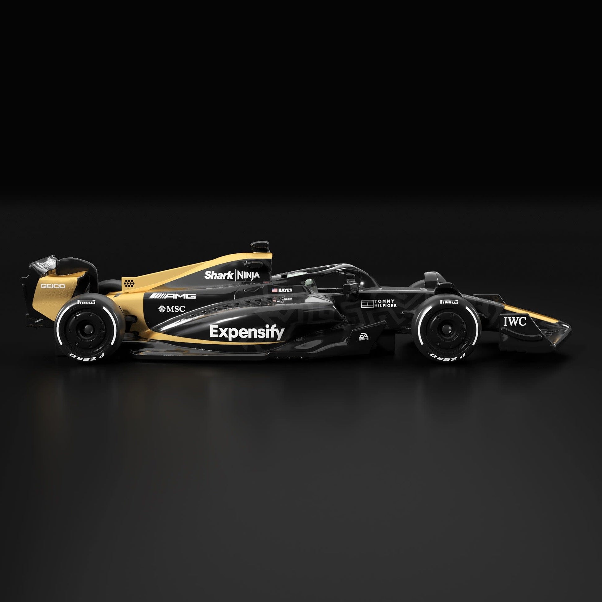 Formula 1 car with various sponsor logos on a black background