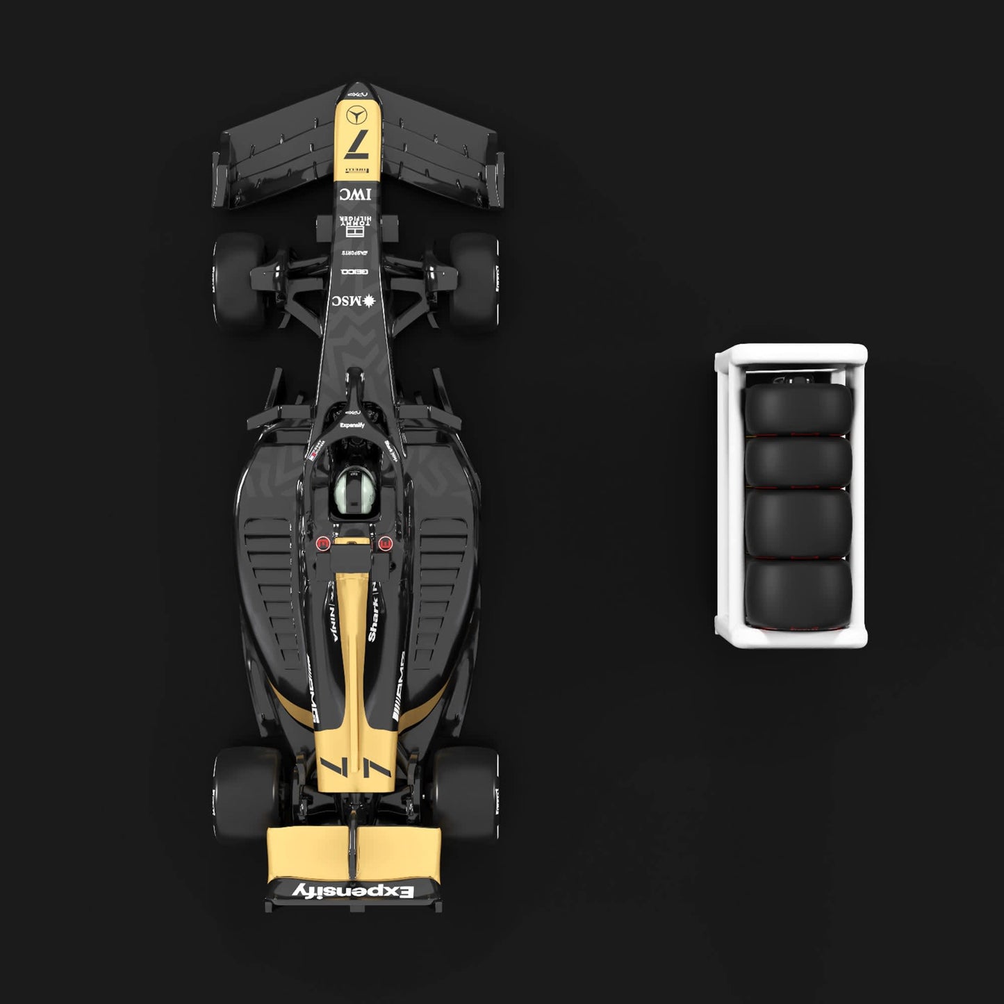 Top-down view of a Formula 1 car with a small chair on a black background