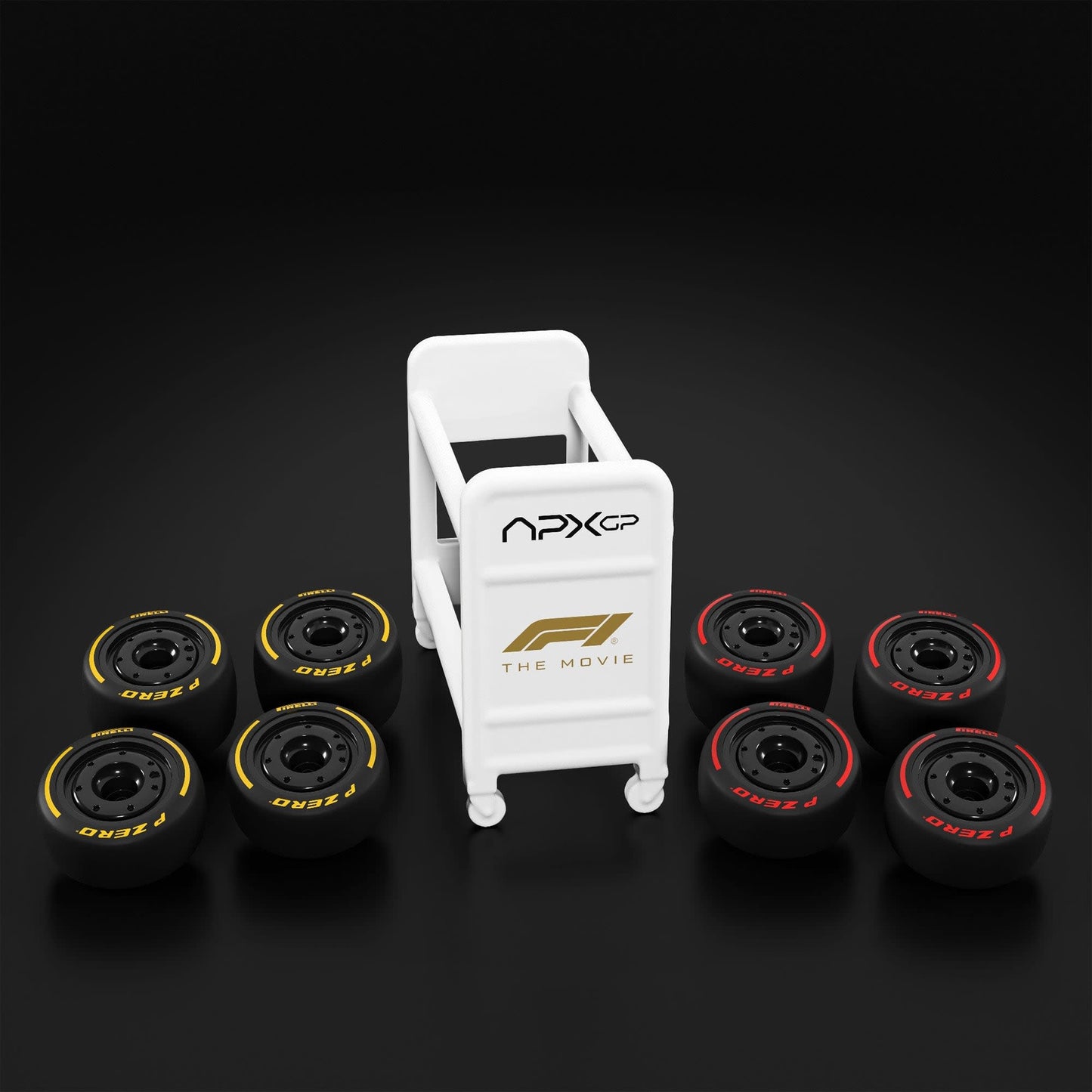 Set of racing wheel spools with a white stand on a black background