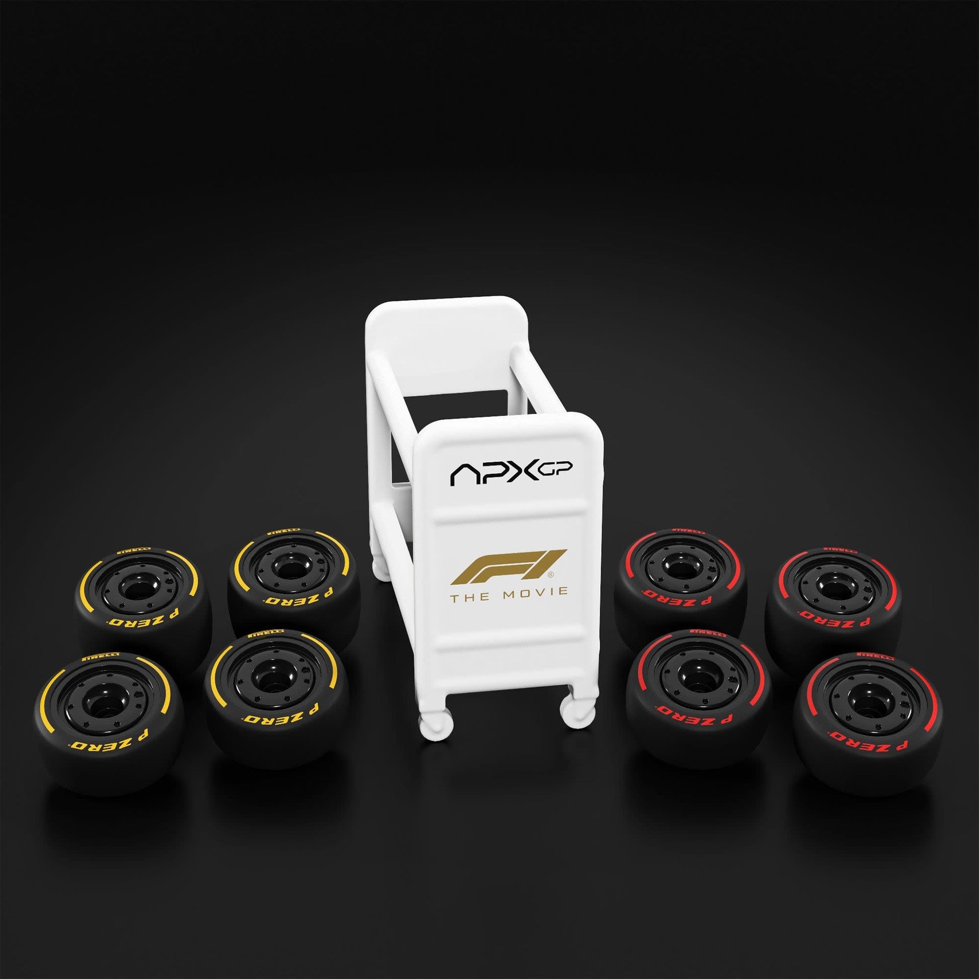 Set of racing wheel spools with a white stand on a black background