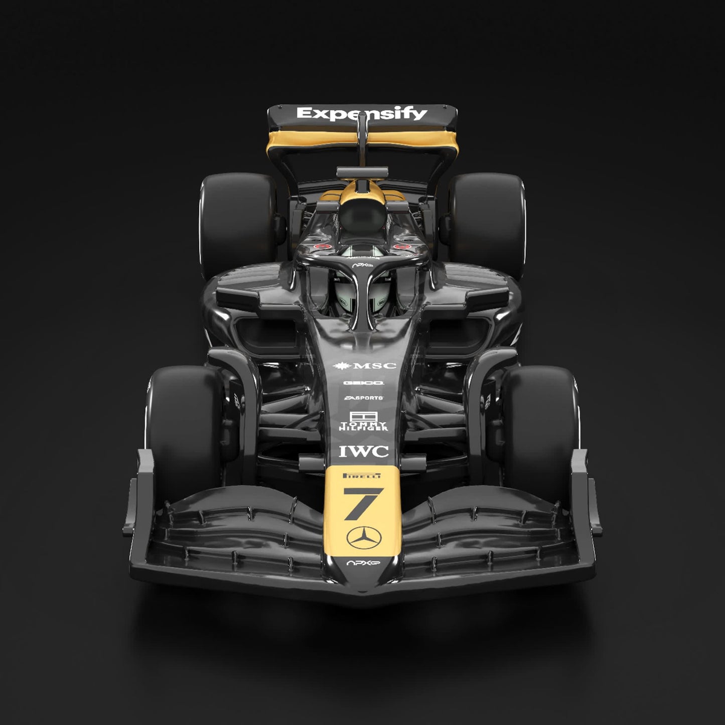 Formula 1 car with visible branding on a dark background