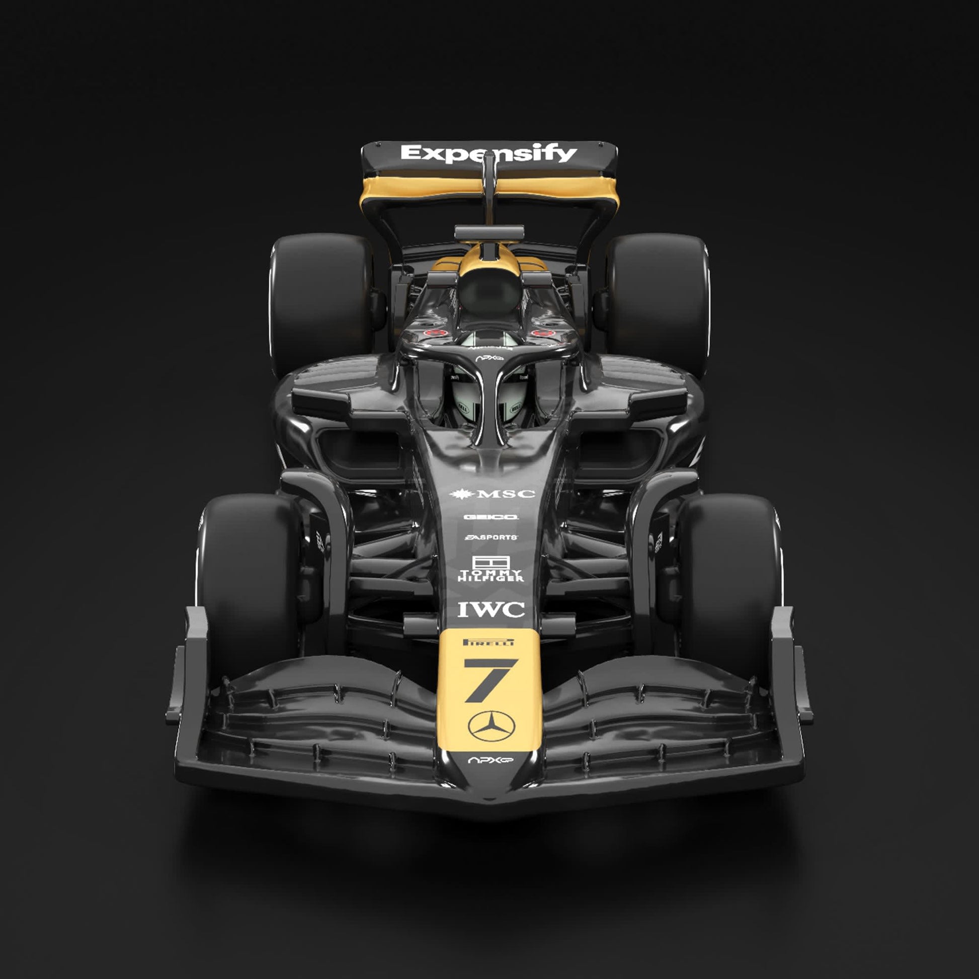 Formula 1 car with visible branding on a dark background