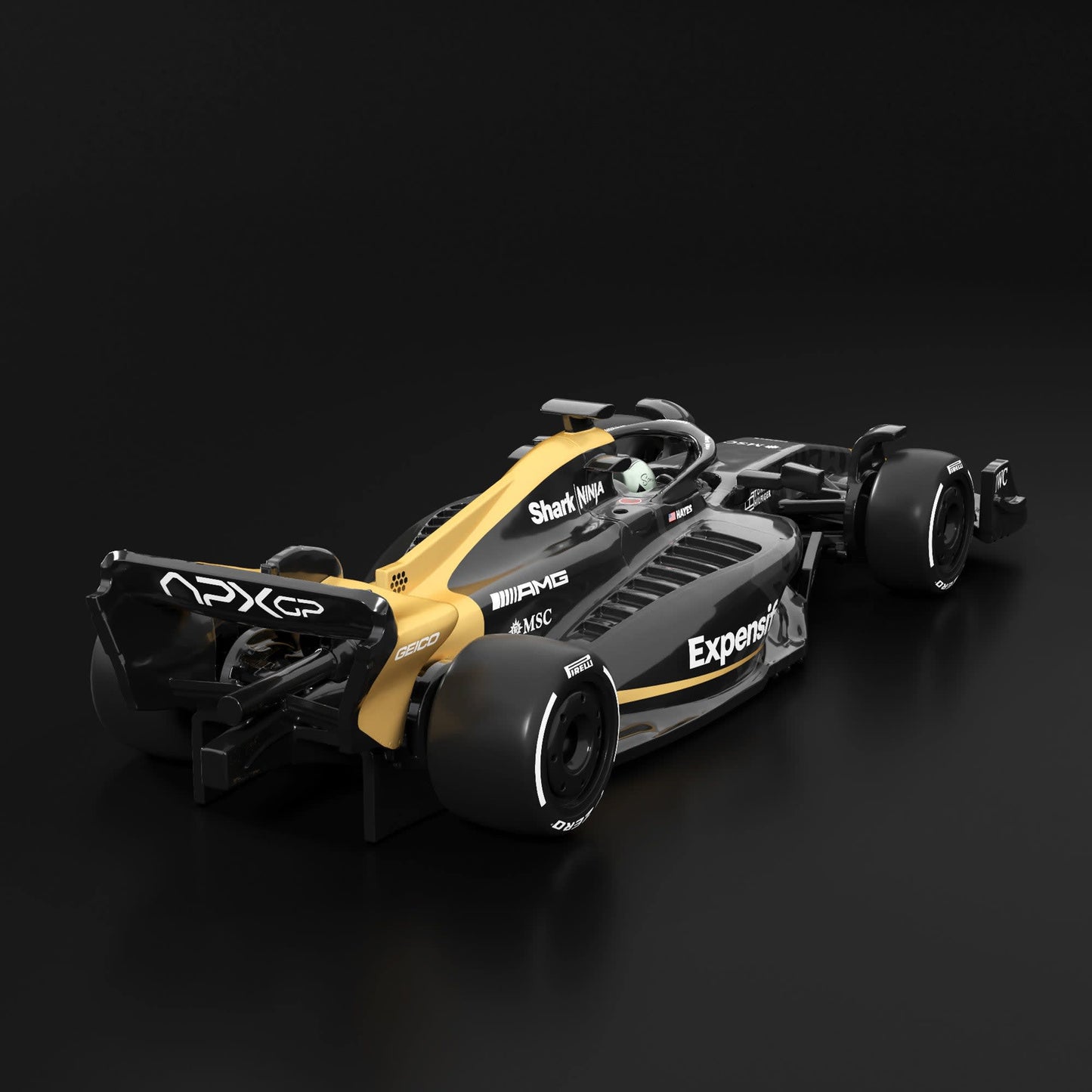 Formula 1 car with visible branding on a black background