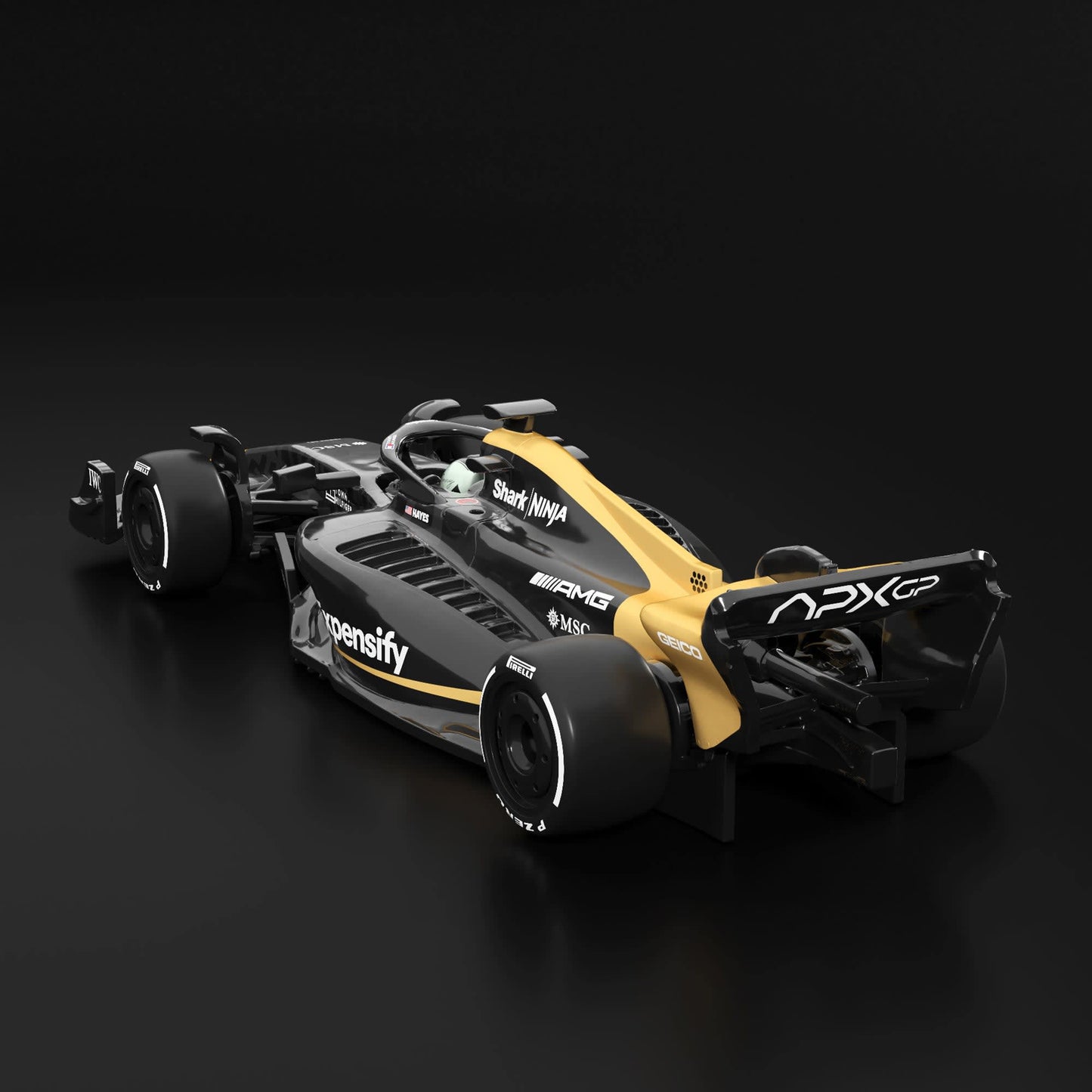 Black and yellow Formula 1 car on a black background