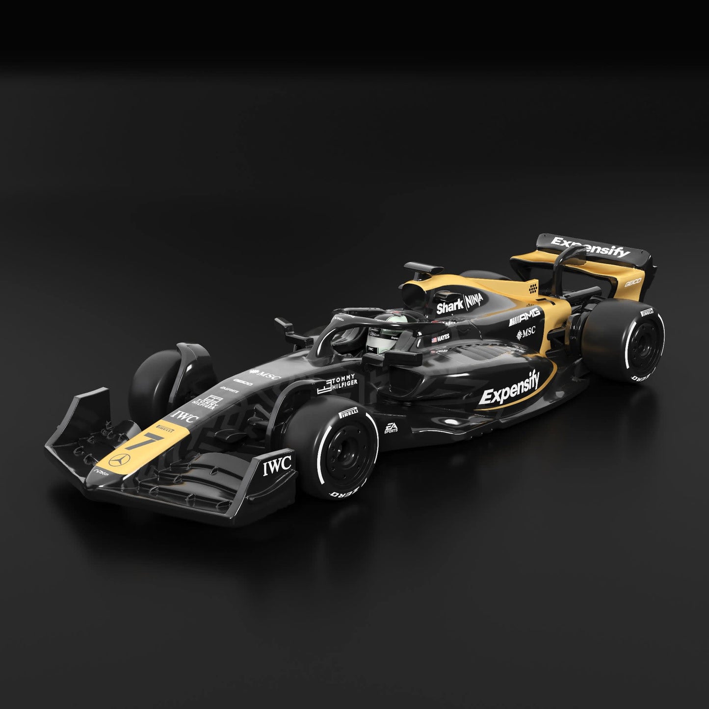 Black and yellow Formula 1 car on a dark background