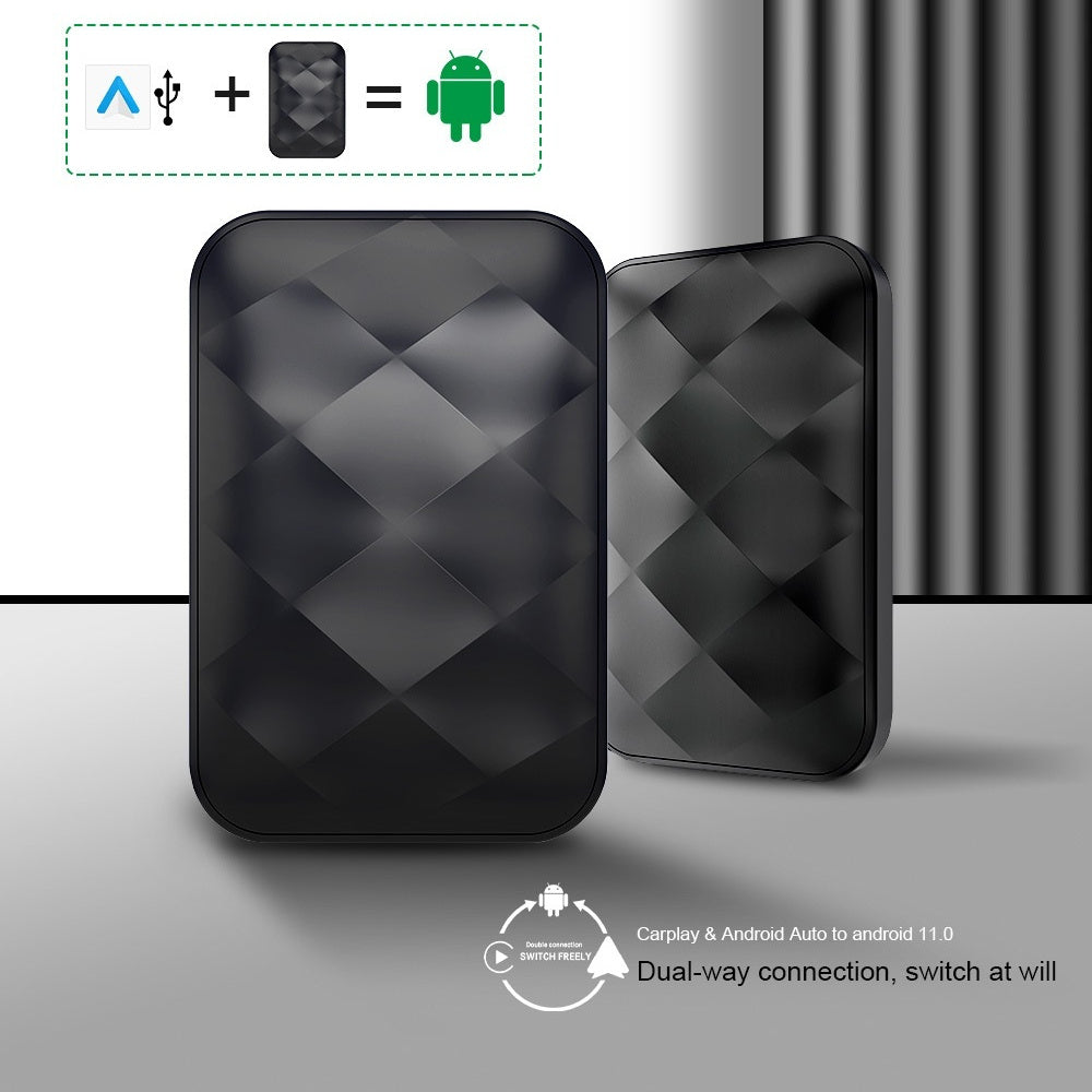 A black car smart box with a geometric pattern, indicating compatibility with Android and iOS, and featuring a display and connectivity ports.