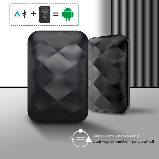 A black car smart box with a geometric pattern, indicating compatibility with Android and iOS, and featuring a display and connectivity ports.