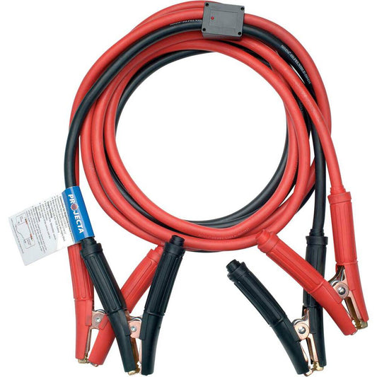 Red and black jump leads with clamps on a white background